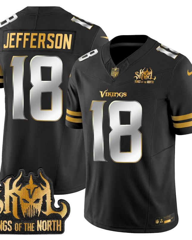 Men's Minnesota Vikings 2025 Gold Vapor Limited Jersey - Kings Of The North Patch - All Stitched