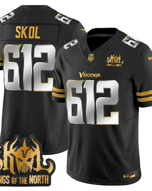 Men's Minnesota Vikings 2025 Gold Vapor Limited Jersey - Kings Of The North Patch - All Stitched