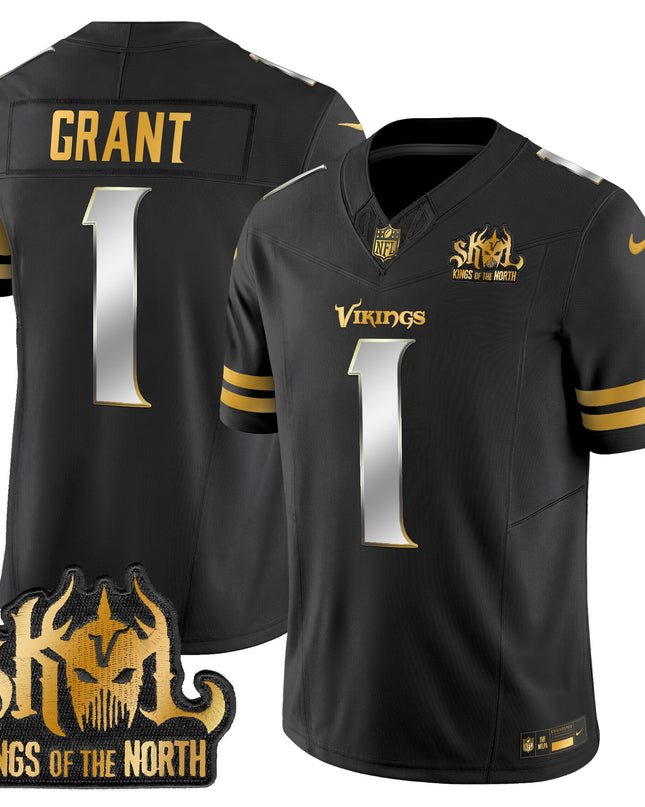 Men's Minnesota Vikings 2025 Gold Vapor Limited Jersey - Kings Of The North Patch - All Stitched