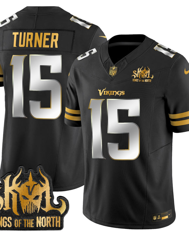 Men's Minnesota Vikings 2025 Gold Vapor Limited Jersey - Kings Of The North Patch - All Stitched