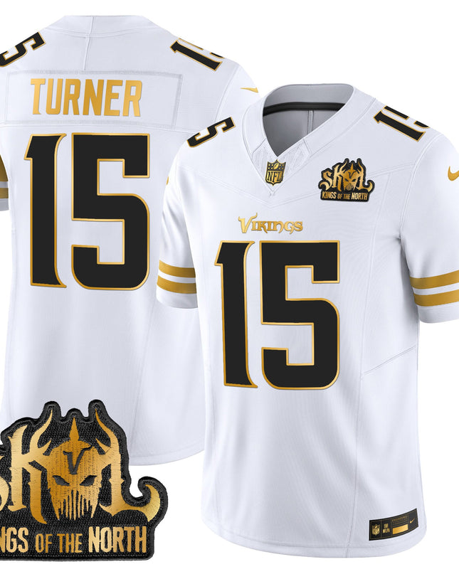 Men's Minnesota Vikings 2025 Gold Vapor Limited Jersey - Kings Of The North Patch - All Stitched