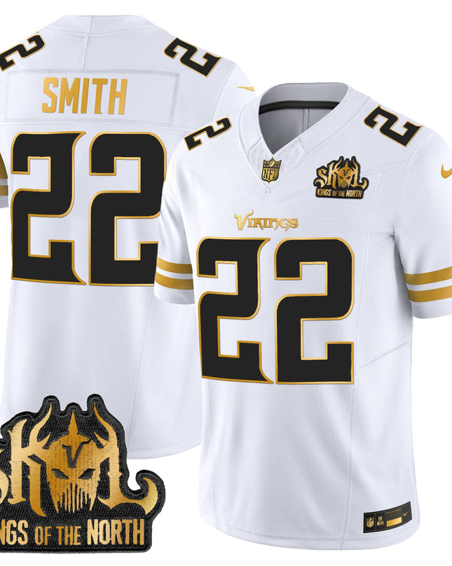 Men's Minnesota Vikings 2025 Gold Vapor Limited Jersey - Kings Of The North Patch - All Stitched