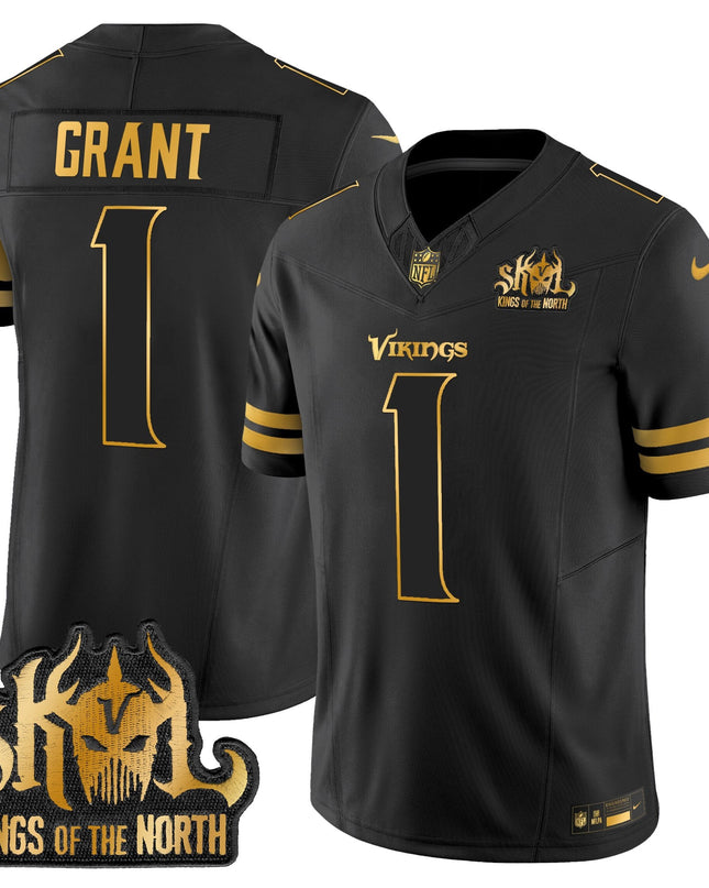 Men's Minnesota Vikings 2025 Gold Vapor Limited Jersey - Kings Of The North Patch - All Stitched