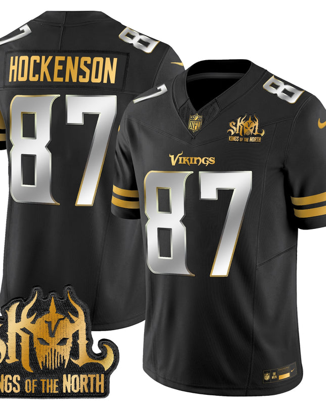 Men's Minnesota Vikings 2025 Gold Vapor Limited Jersey - Kings Of The North Patch - All Stitched