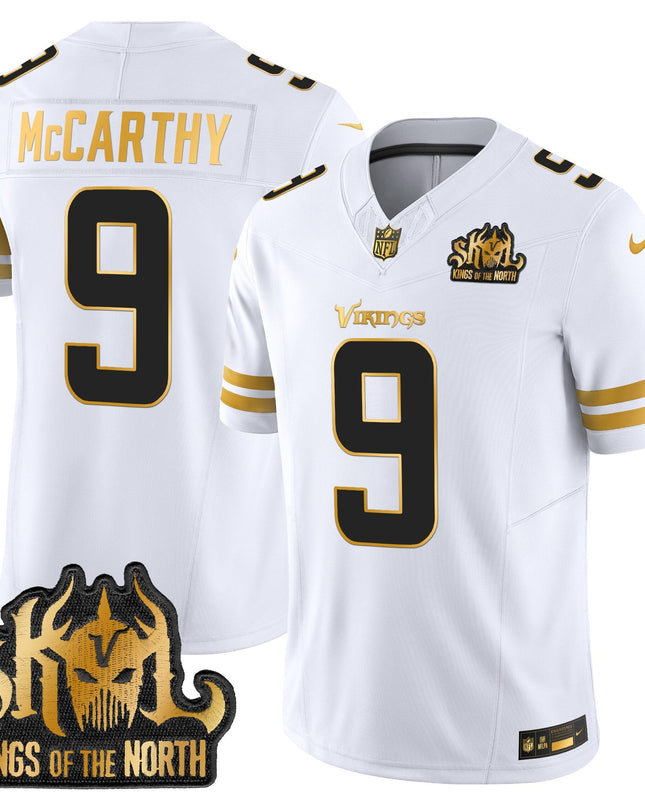 Men's Minnesota Vikings 2025 Gold Vapor Limited Jersey - Kings Of The North Patch - All Stitched