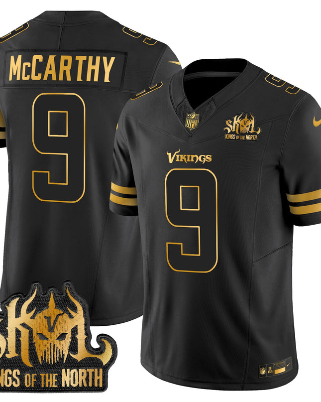 Men's Minnesota Vikings 2025 Gold Vapor Limited Jersey - Kings Of The North Patch - All Stitched