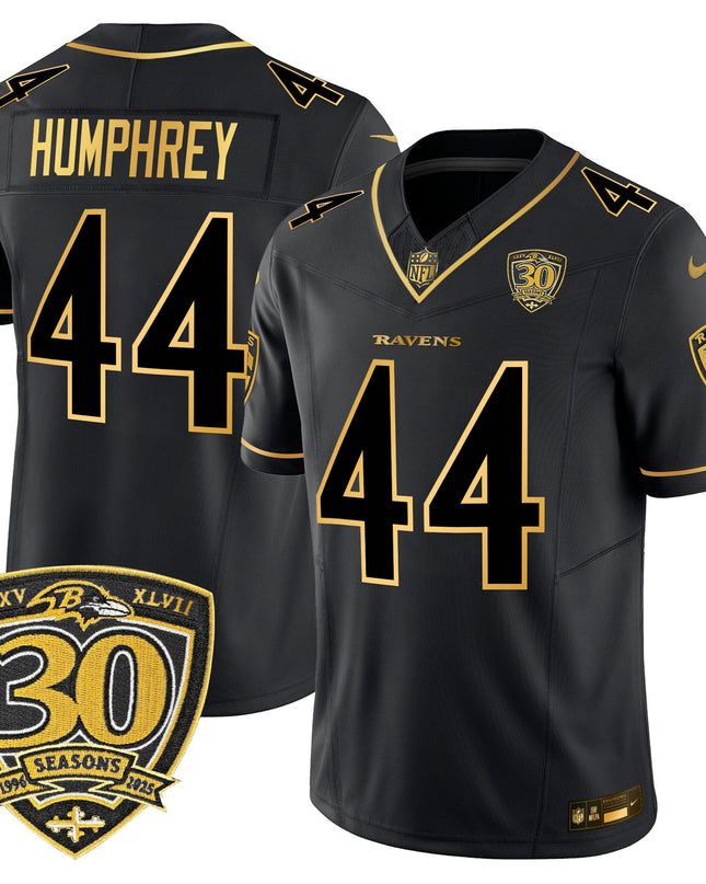 Men's Baltimore Ravens 2025 Gold Vapor Limited Jersey - 30th Anniversary Patch - All Stitched