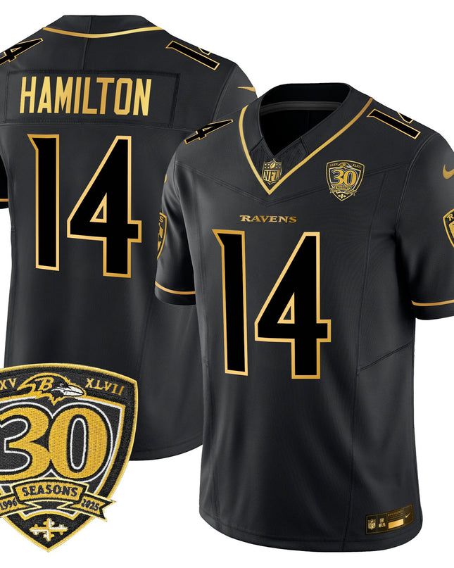Men's Baltimore Ravens 2025 Gold Vapor Limited Jersey - 30th Anniversary Patch - All Stitched