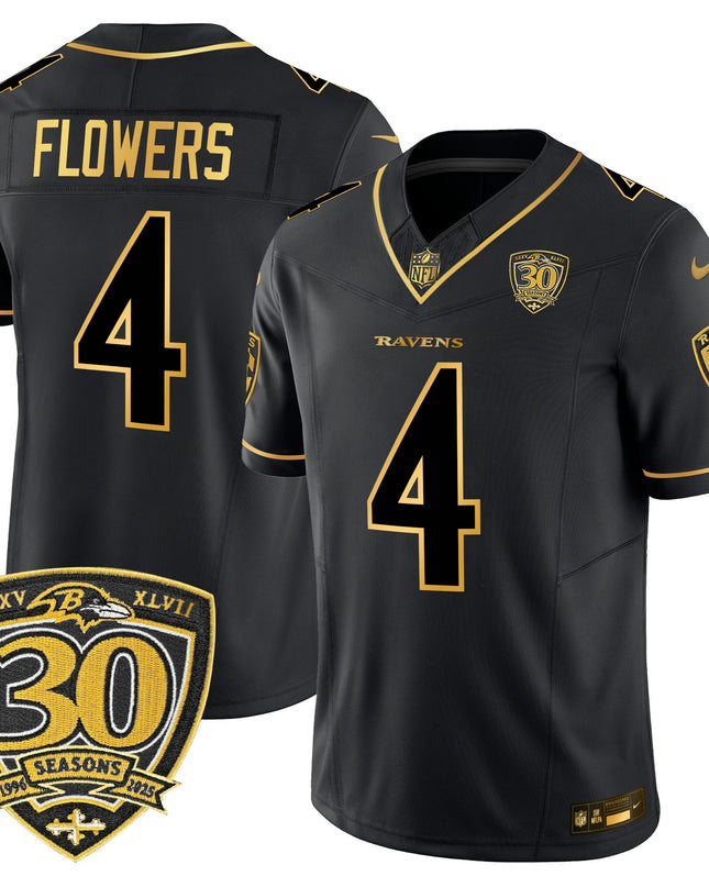Men's Baltimore Ravens 2025 Gold Vapor Limited Jersey - 30th Anniversary Patch - All Stitched
