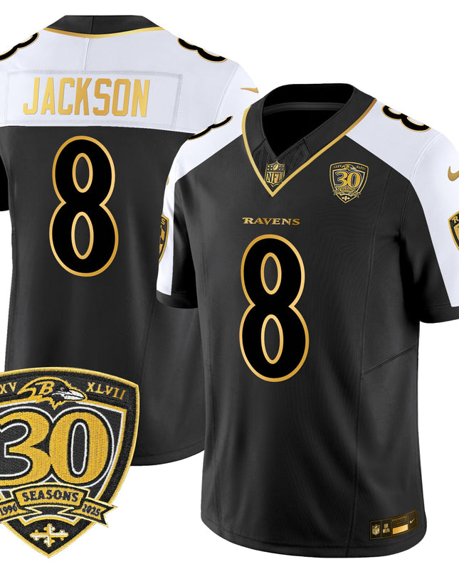 Men's Baltimore Ravens 2025 Gold Vapor Limited Jersey - 30th Anniversary Patch - All Stitched