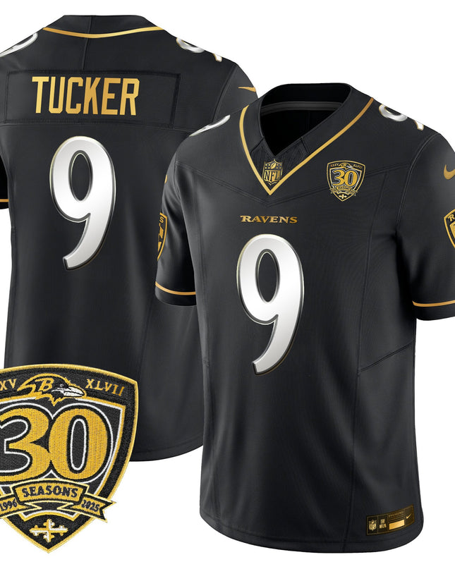 Men's Baltimore Ravens 2025 Gold Vapor Limited Jersey - 30th Anniversary Patch - All Stitched