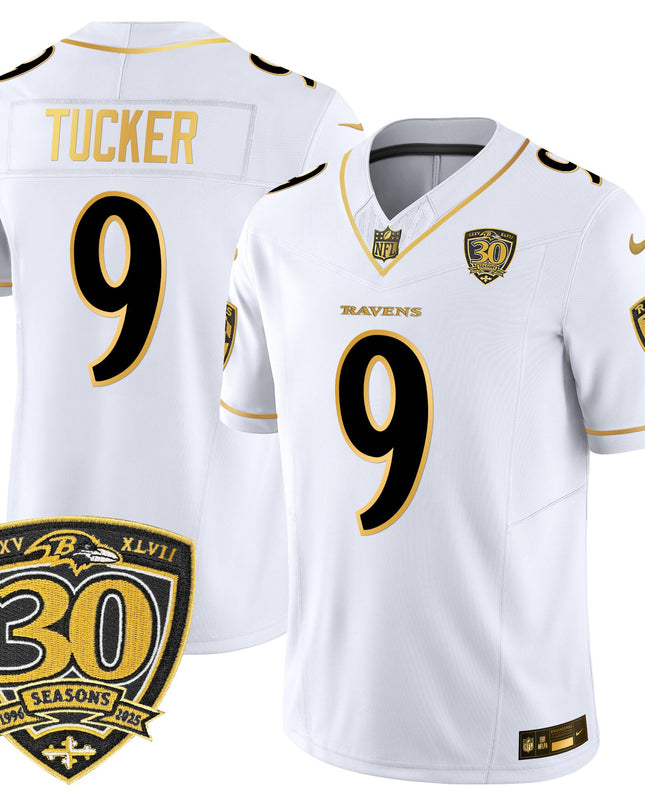 Men's Baltimore Ravens 2025 Gold Vapor Limited Jersey - 30th Anniversary Patch - All Stitched