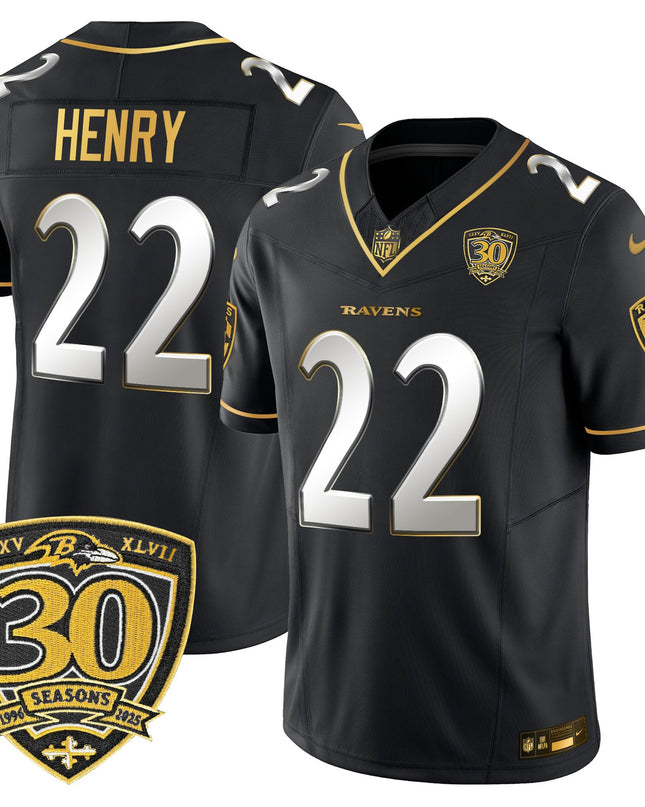 Men's Baltimore Ravens 2025 Gold Vapor Limited Jersey - 30th Anniversary Patch - All Stitched