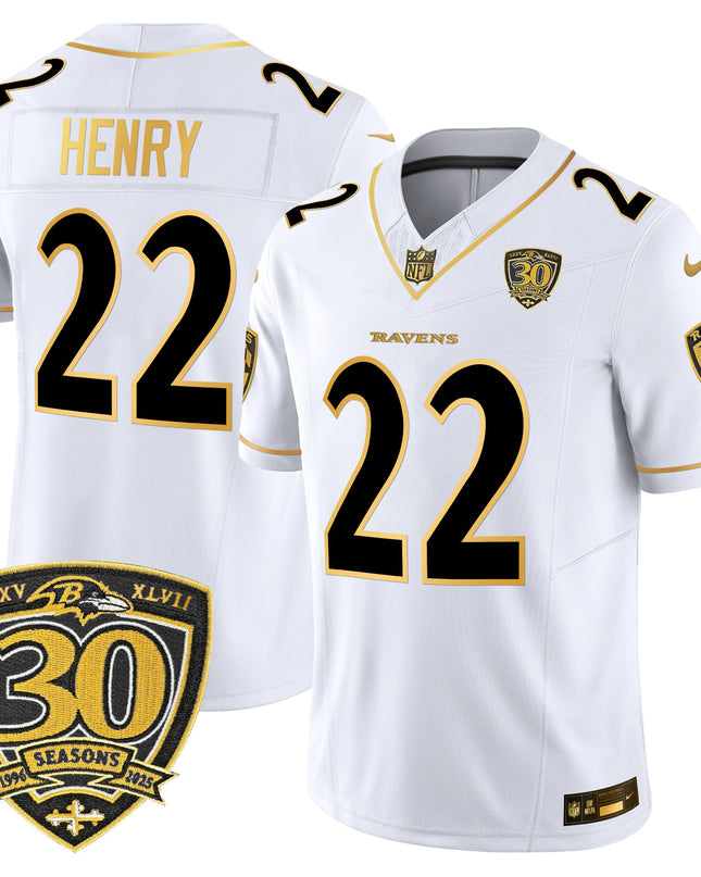 Men's Baltimore Ravens 2025 Gold Vapor Limited Jersey - 30th Anniversary Patch - All Stitched
