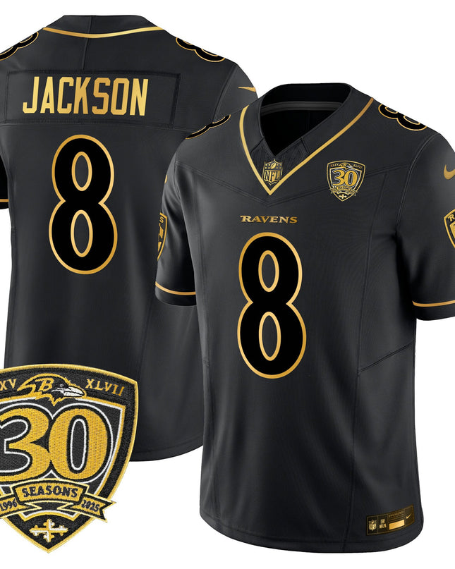 Men's Baltimore Ravens 2025 Gold Vapor Limited Jersey - 30th Anniversary Patch - All Stitched