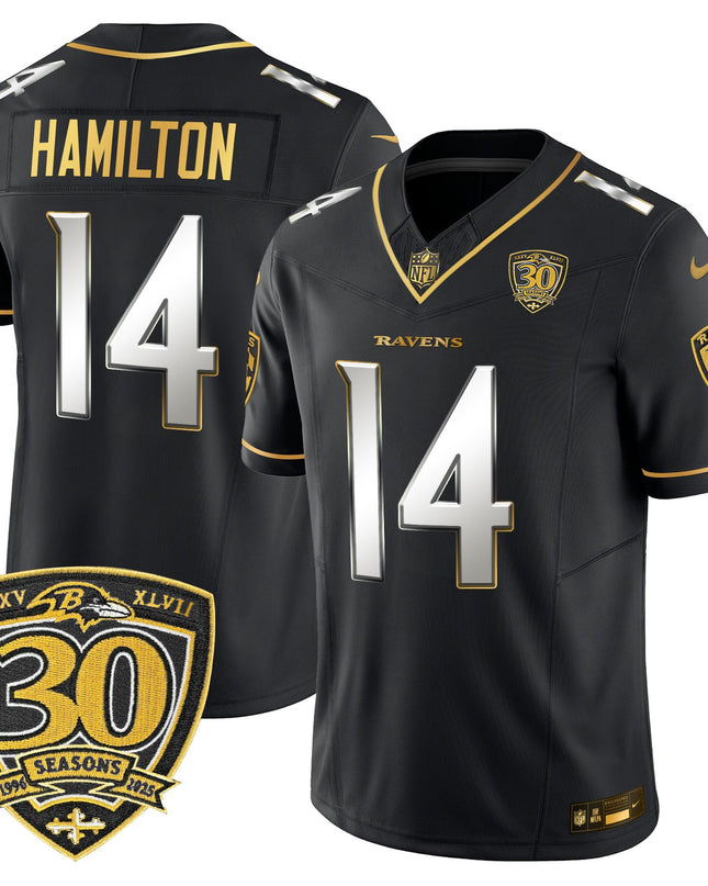 Men's Baltimore Ravens 2025 Gold Vapor Limited Jersey - 30th Anniversary Patch - All Stitched