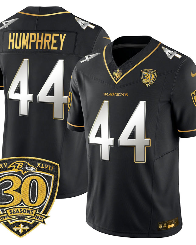 Men's Baltimore Ravens 2025 Gold Vapor Limited Jersey - 30th Anniversary Patch - All Stitched