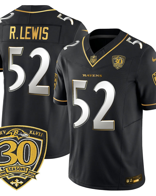 Men's Baltimore Ravens 2025 Gold Vapor Limited Jersey - 30th Anniversary Patch - All Stitched