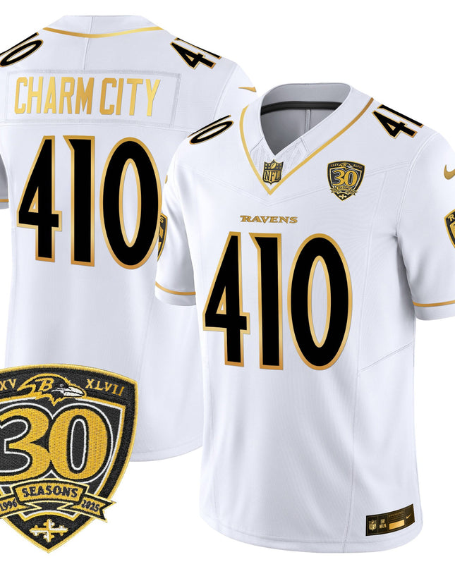 Men's Baltimore Ravens 2025 Gold Vapor Limited Jersey - 30th Anniversary Patch - All Stitched