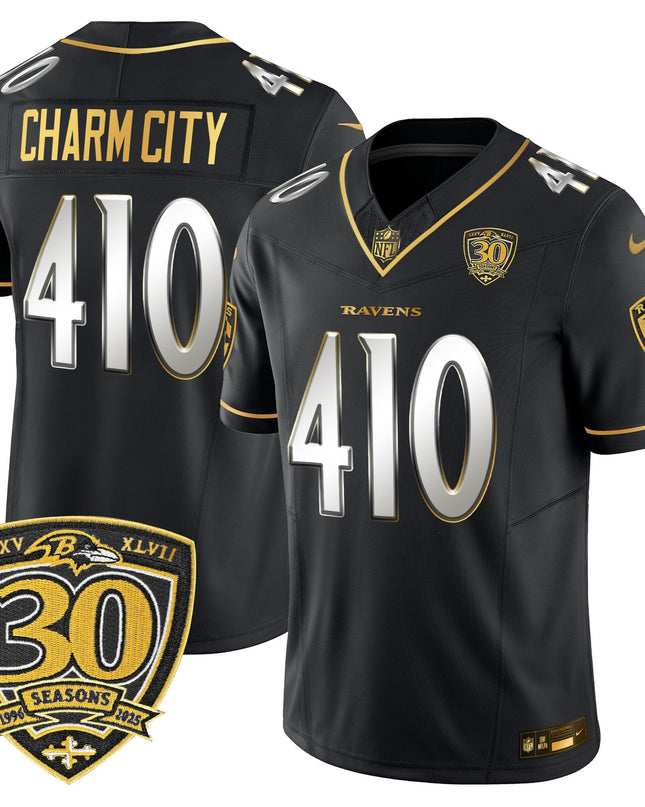 Men's Baltimore Ravens 2025 Gold Vapor Limited Jersey - 30th Anniversary Patch - All Stitched