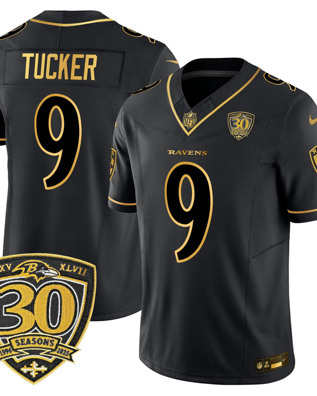 Men's Baltimore Ravens 2025 Gold Vapor Limited Jersey - 30th Anniversary Patch - All Stitched