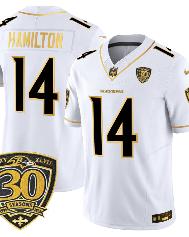 Men's Baltimore Ravens 2025 Gold Vapor Limited Jersey - 30th Anniversary Patch - All Stitched