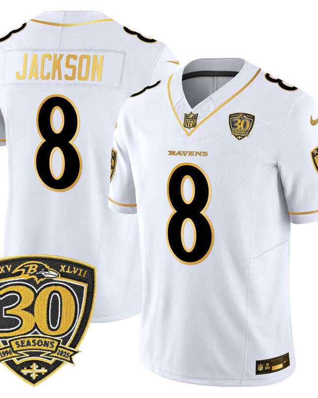 Men's Baltimore Ravens 2025 Gold Vapor Limited Jersey - 30th Anniversary Patch - All Stitched