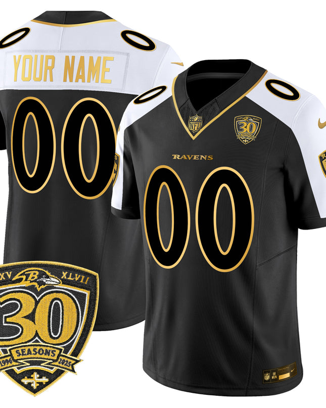 Baltimore Ravens 2025 Gold Vapor Limited Custom Jersey - 30th Anniversary Patch - All Stitched