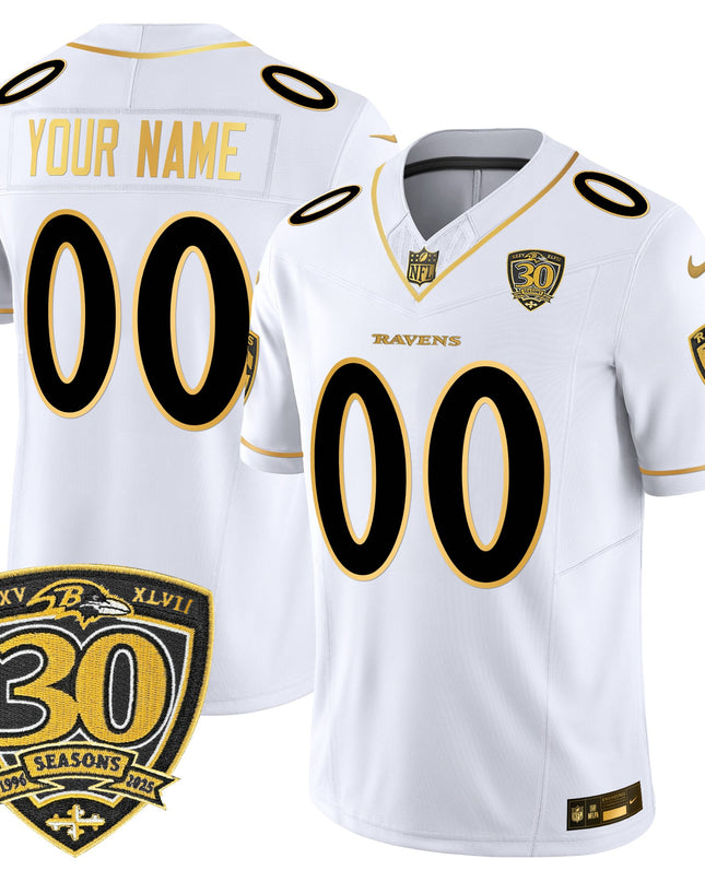 Baltimore Ravens 2025 Gold Vapor Limited Custom Jersey - 30th Anniversary Patch - All Stitched