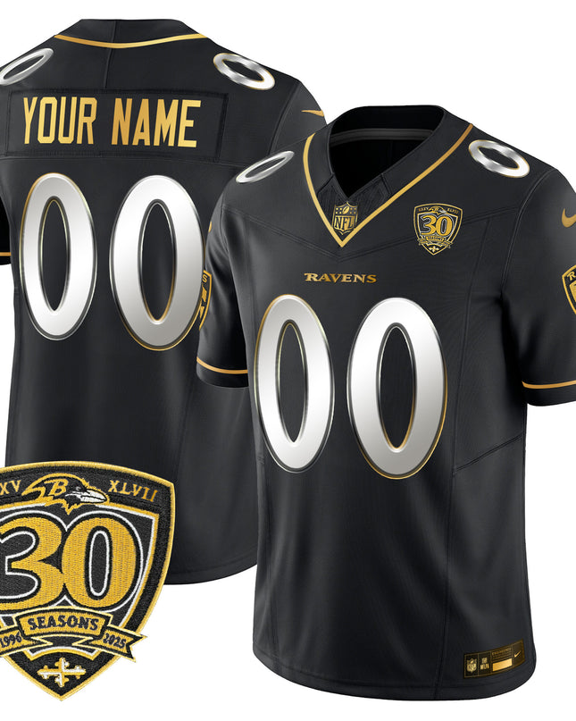 Baltimore Ravens 2025 Gold Vapor Limited Custom Jersey - 30th Anniversary Patch - All Stitched