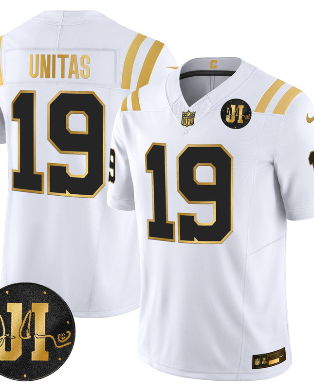Men's Indianapolis Colts 2025 Jim Irsay Patch Gold Vapor Limited Jersey - All Stitched