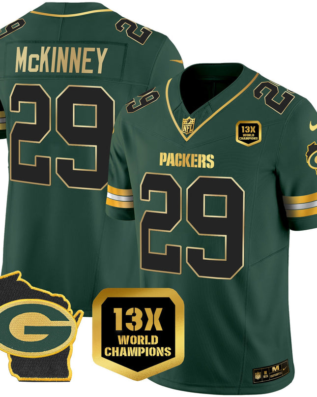 Green Bay Packers 13x Time World Champions Patch Gold Limited Jersey – All Stitched