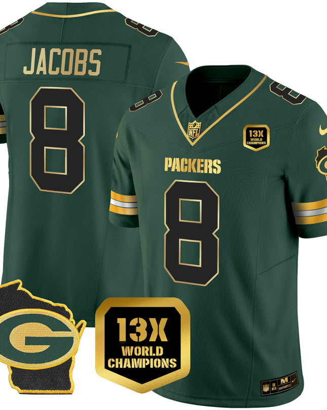Green Bay Packers 13x Time World Champions Patch Gold Limited Jersey – All Stitched