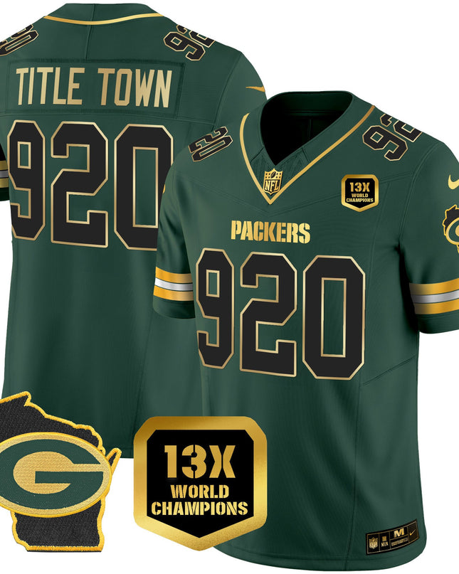 Green Bay Packers 13x Time World Champions Patch Gold Limited Jersey – All Stitched