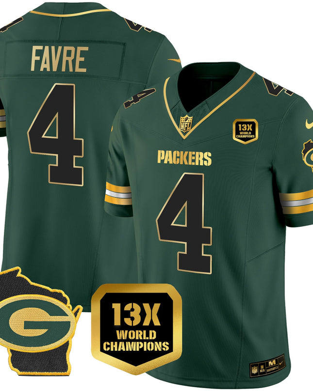 Green Bay Packers 13x Time World Champions Patch Gold Limited Jersey – All Stitched