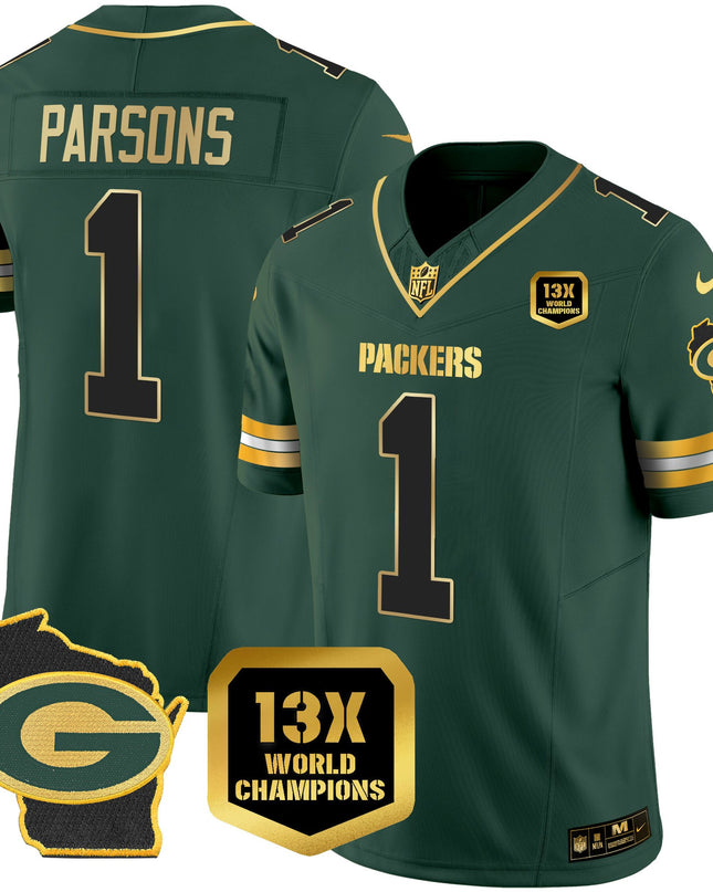 Green Bay Packers 13x Time World Champions Patch Gold Limited Jersey – All Stitched