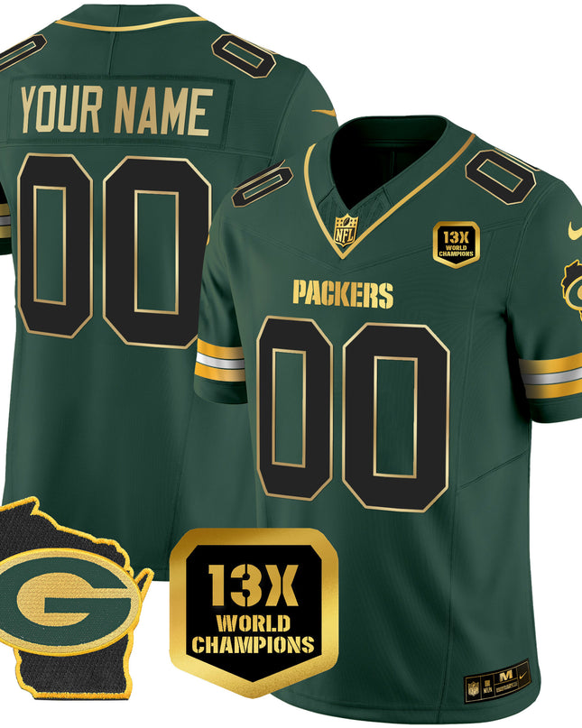 Green Bay Packers 13x Time World Champions Patch Gold Limited Custom Jersey – All Stitched