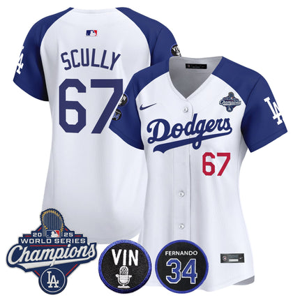 Women's Dodgers 2025 World Series Champions Vapor Premier Limited Jersey - Vin Scully & Fernando Patch - All Stitched