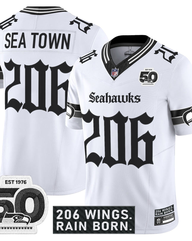 Men's Seattle Seahawks 'Gothic Rain City Shadows Edition' Vapor Jersey - 50th Anniversary Patch - All Stitched