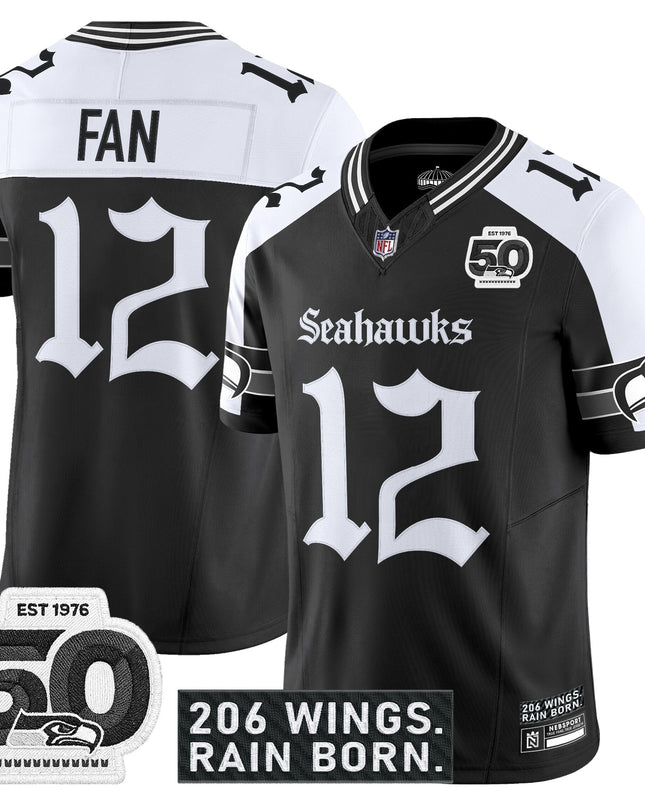 Men's Seattle Seahawks 'Gothic Rain City Shadows Edition' Vapor Jersey - 50th Anniversary Patch - All Stitched