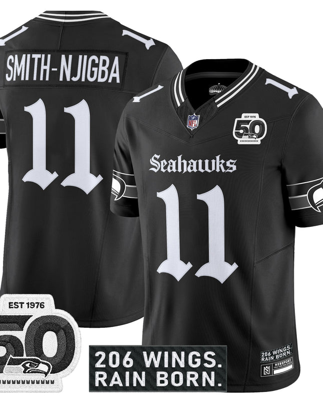Men's Seattle Seahawks 'Gothic Rain City Shadows Edition' Vapor Jersey - 50th Anniversary Patch - All Stitched