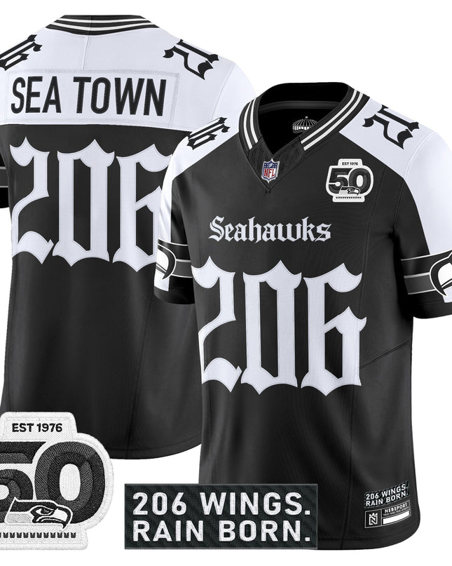 Men's Seattle Seahawks 'Gothic Rain City Shadows Edition' Vapor Jersey - 50th Anniversary Patch - All Stitched