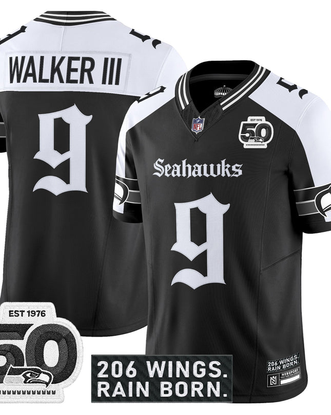 Men's Seattle Seahawks 'Gothic Rain City Shadows Edition' Vapor Jersey - 50th Anniversary Patch - All Stitched