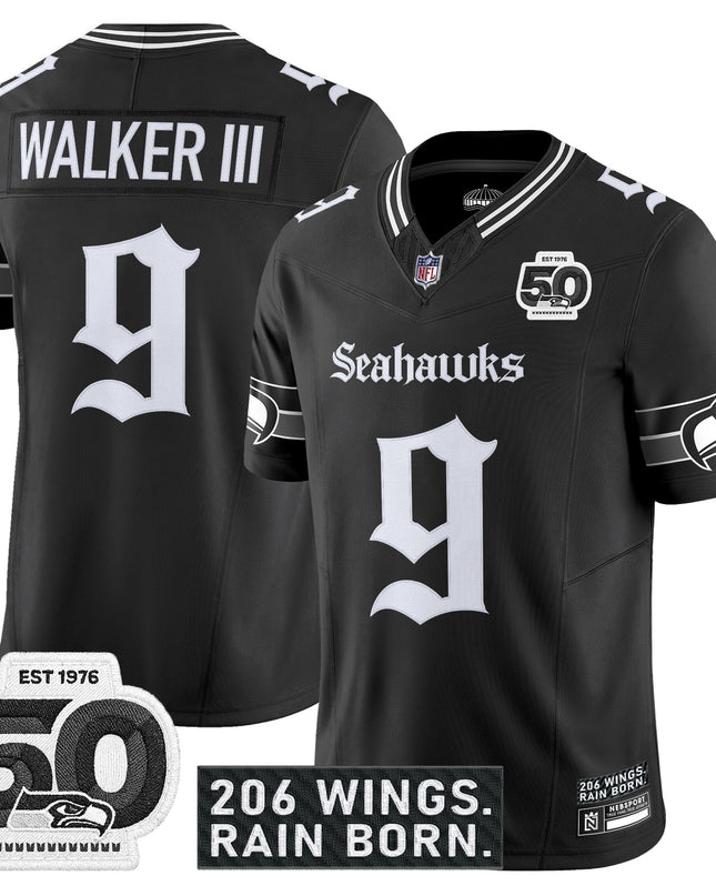 Men's Seattle Seahawks 'Gothic Rain City Shadows Edition' Vapor Jersey - 50th Anniversary Patch - All Stitched
