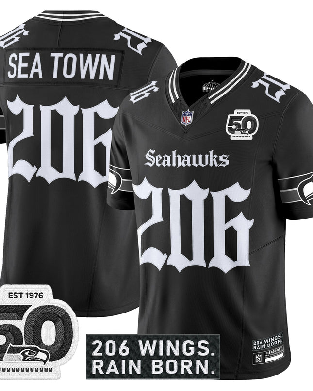 Men's Seattle Seahawks 'Gothic Rain City Shadows Edition' Vapor Jersey - 50th Anniversary Patch - All Stitched