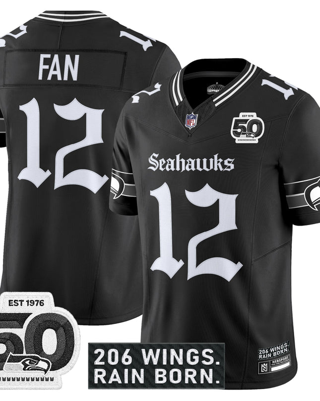 Men's Seattle Seahawks 'Gothic Rain City Shadows Edition' Vapor Jersey - 50th Anniversary Patch - All Stitched