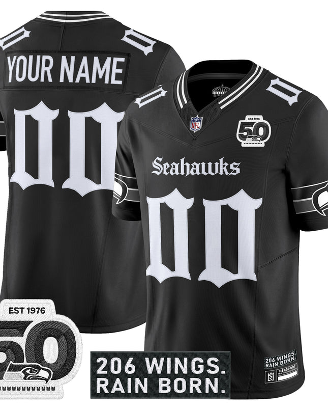 Seattle Seahawks 'Gothic Rain City Shadows Edition' Vapor Custom Jersey - 50th Anniversary Patch - All Stitched