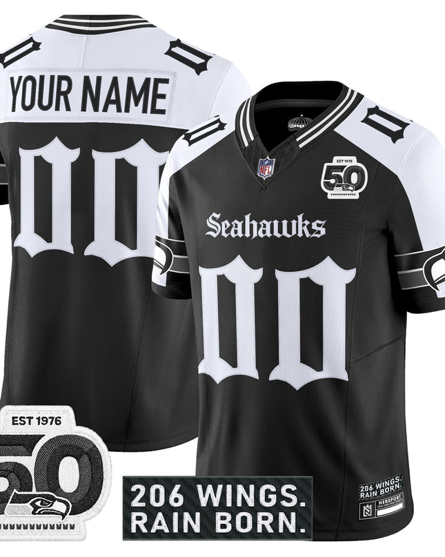 Seattle Seahawks 'Gothic Rain City Shadows Edition' Vapor Custom Jersey - 50th Anniversary Patch - All Stitched