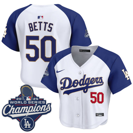 Women's Dodgers 2025 World Series Champions Patch Gold Trim Crop Top Baseball Jersey - All Stitched