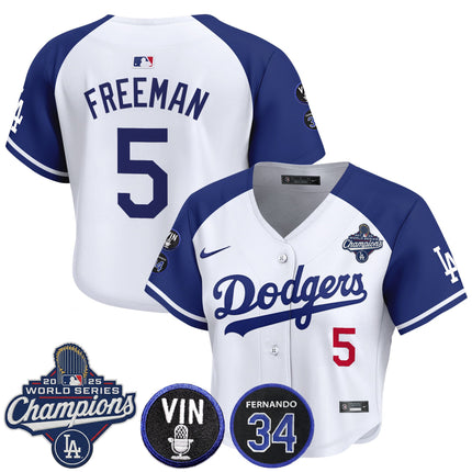 Women's Dodgers 2025 World Series Champions Crop Top Baseball Jersey - Vin Scully & Fernando Patch - All Stitched